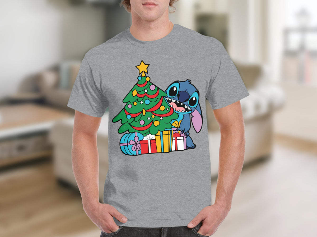 Stitch by Christmas Tree Holding Gift Boxes T-Shirts