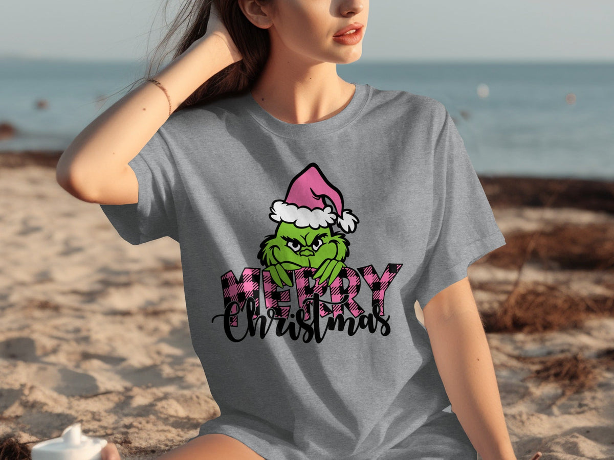 Merry Christmas Grinch Wearing Santa Hat Pink Pattern T-Shirts