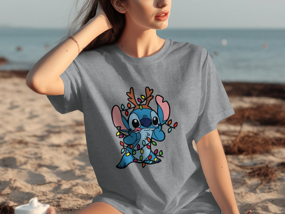 Stitch Dressed as Reindeer Wrapped in Lights T-Shirts product image 1
