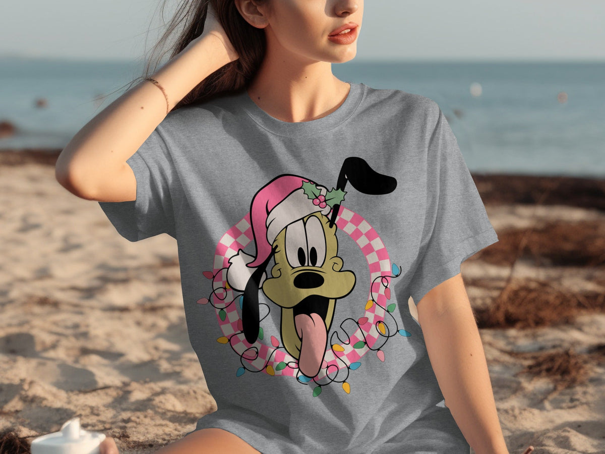 Cartoon Santa Pluto in Wreath with Lights T-Shirts