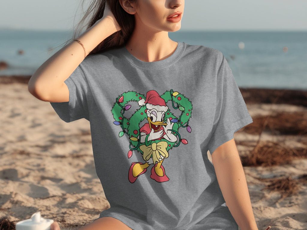 Cartoon Duck With Christmas Lights And Wreath T-Shirts